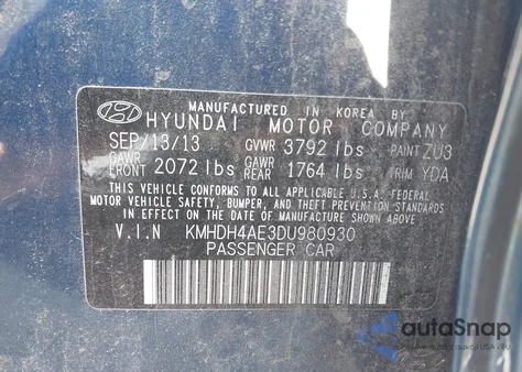 2013 Hyundai Elantra Gls from USA, damaged, VIN KMHDH4AE3DU980930